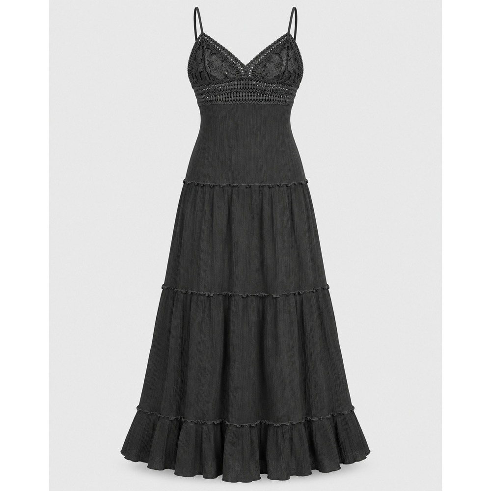 Love Tree 4824DM Black Crochet Lace Maxi Dress M Boho Open Back Tiered